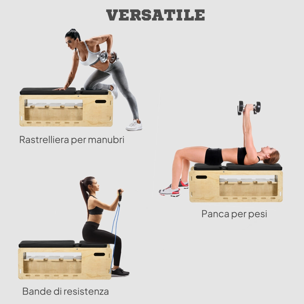 Panca Multifunzione con Schienale Regolabile Vano Contenitore Rack per Pesi ed Elastici in Legno