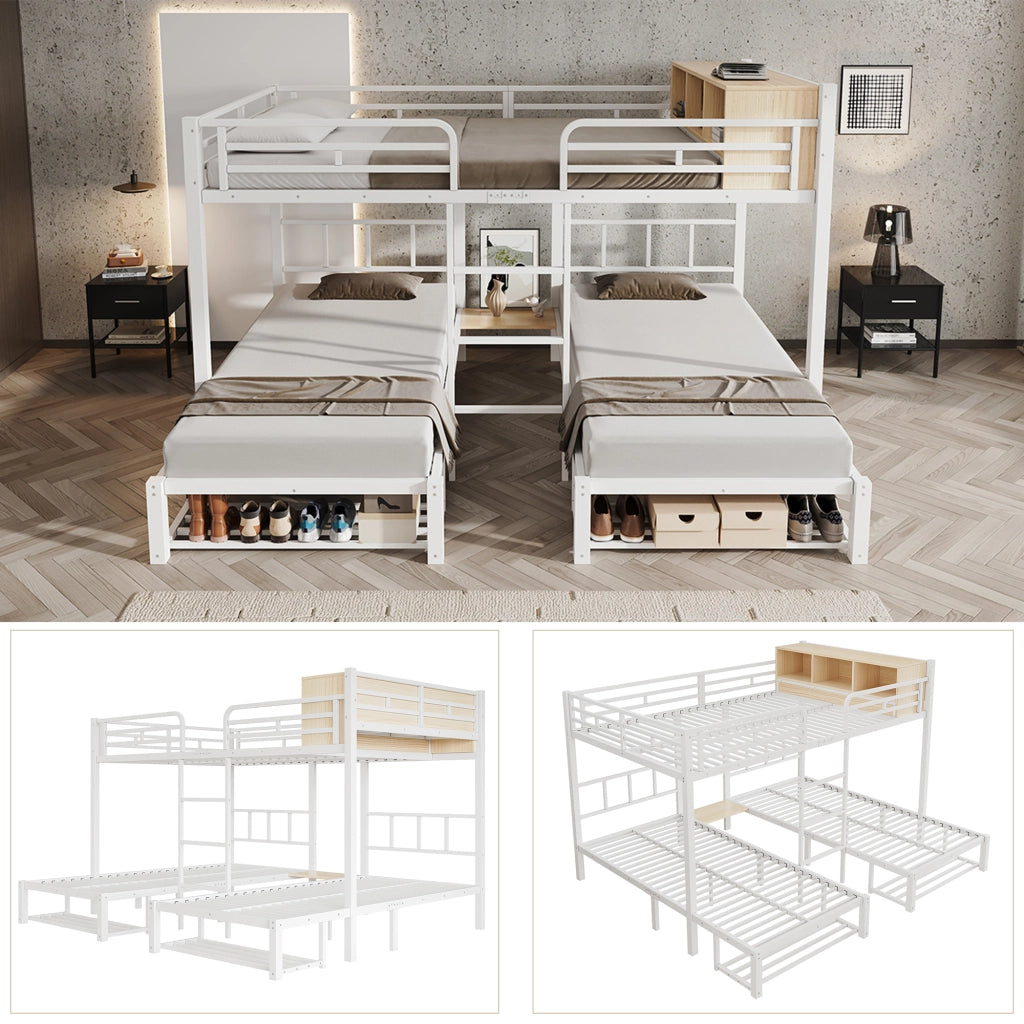Letto a castello 3 posti 140 × 200 cm e 90 × 200 cm con ripiano aperto e porta scarpe, senza materasso, bianco