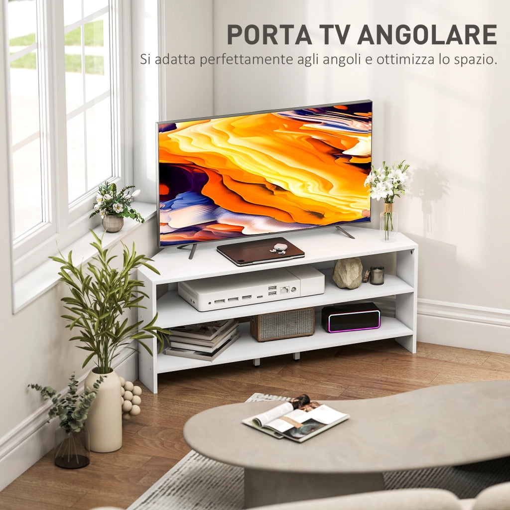 Mobile TV ad Angolo per 47" Max 110x36x45 cm con 2 Ripiani a Giorno in Legno Bianco