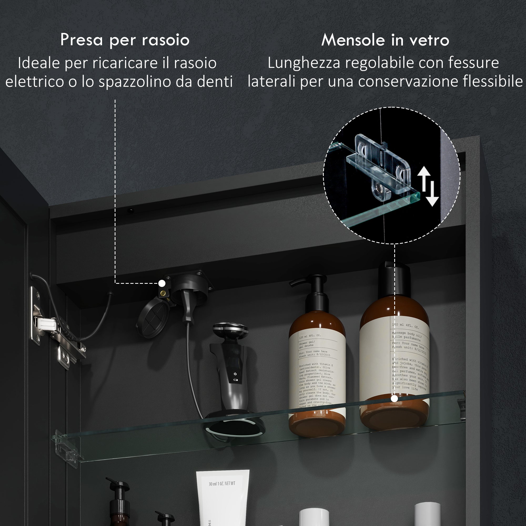 Armadietto da Bagno con Specchio Luci LED Regolabili e Funzione Anti-Appannamento in Alluminio Nero