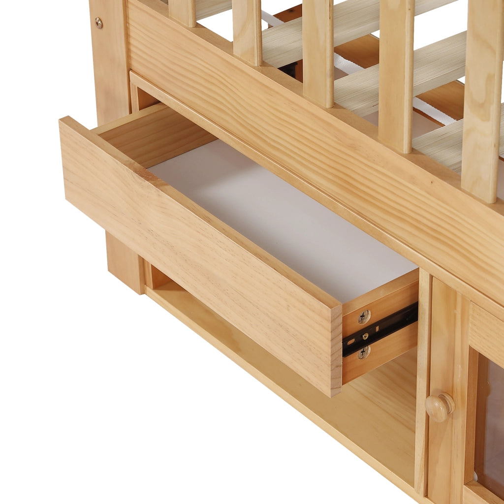 Letto per bambini 90x200 cm, con sponde di sicurezza, completo di cassetti e contenitore, color legno naturale