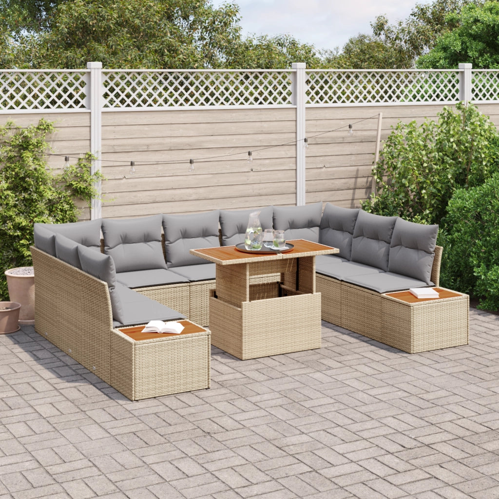 Set da pranzo da giardino di 10 pezzi con cuscini Beige in polirattan e acacia