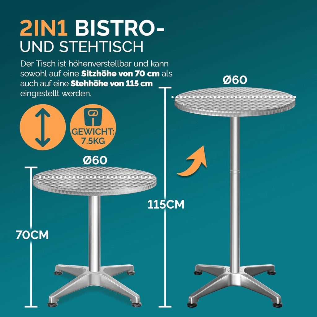 ® Tavolo Alto da Bar 2in1 con Copritavolo Regolabile 70 cm / 115 cm in Alluminio Rotondo Ø60cm Resistente per Giardino Bistro Tavoli da Birreria Feste Ricevimento
