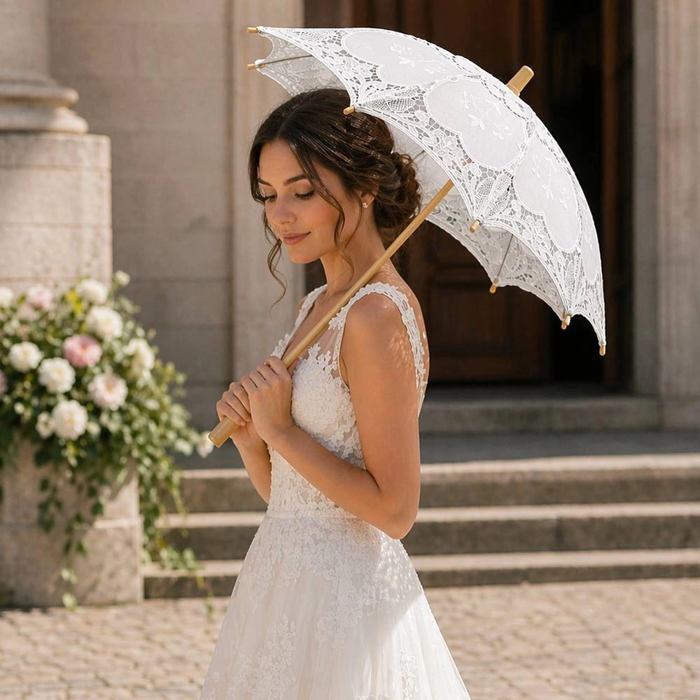 Ombrello Wedding Grande in Legno con Pizzo Bianco Ricamato 76 x h 65  cm