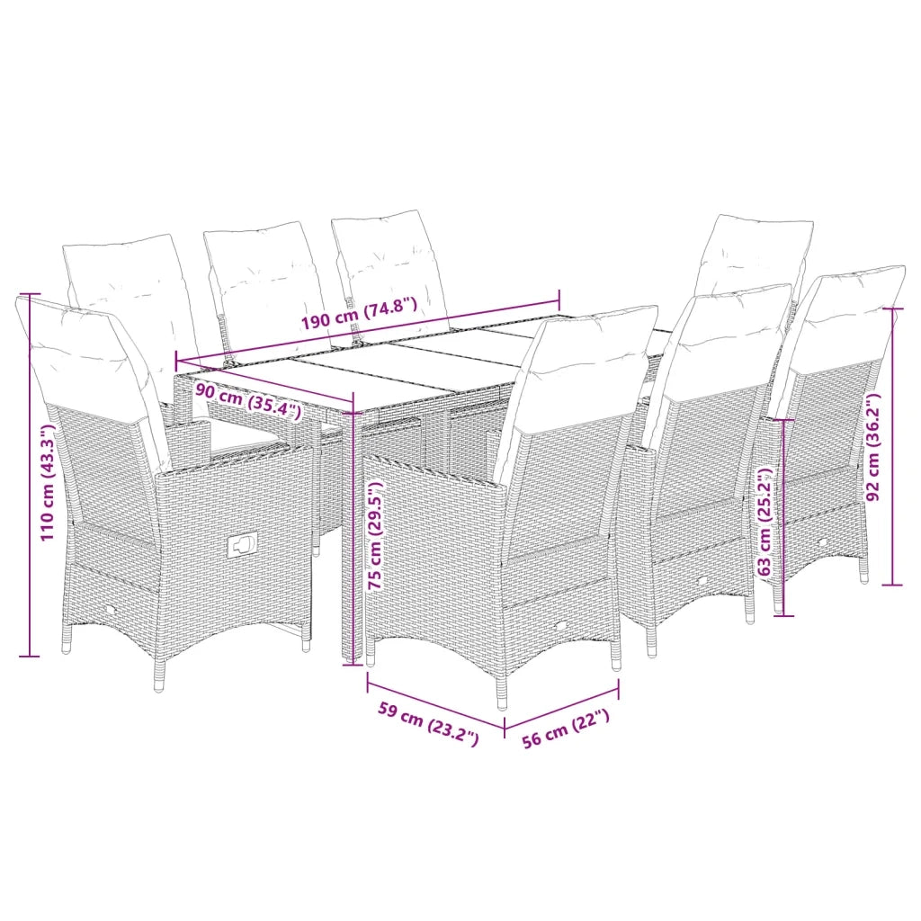 Set da Pranzo da Giardino 9 pz con Cuscini Beige in Polyrattan