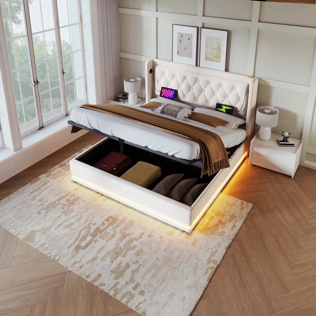LETTO Contenitore 160x200 cm Beige in cotone con materasso incluso