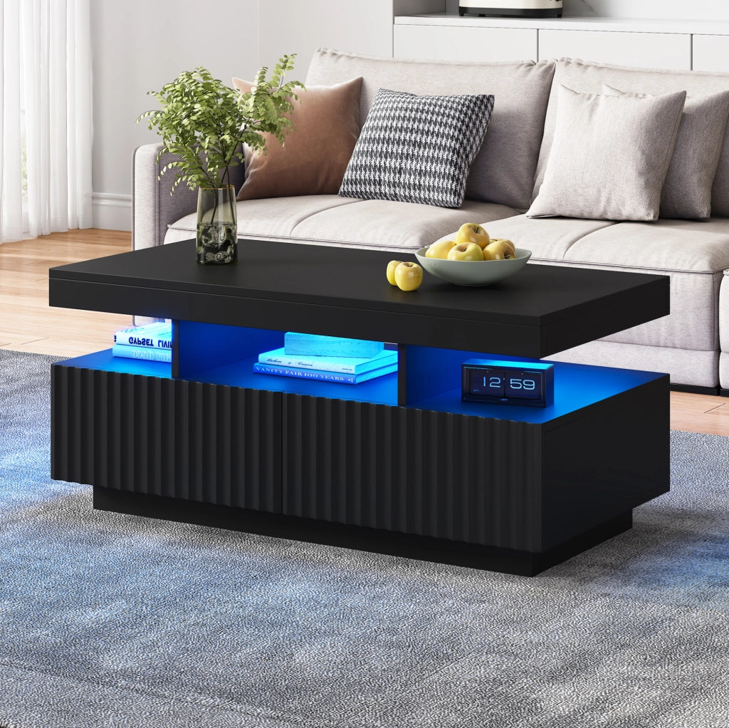 Tavolino da caffè nero con 2 cassetti e LED, 100x50x45 cm