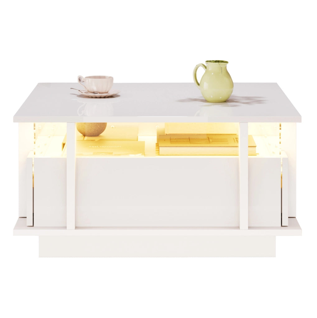 Tavolino da caffè bianco lucido 70x70x35 cm con LED, 2 cassetti e acrilico