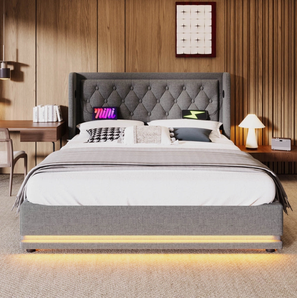 Letto matrimoniale 140x200 cm grigio in cotone con vano contenitore idraulico, LED e USB-C