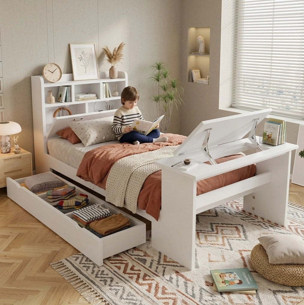 Letto singolo 90x200 cm con tavolo pieghevole e cassetto