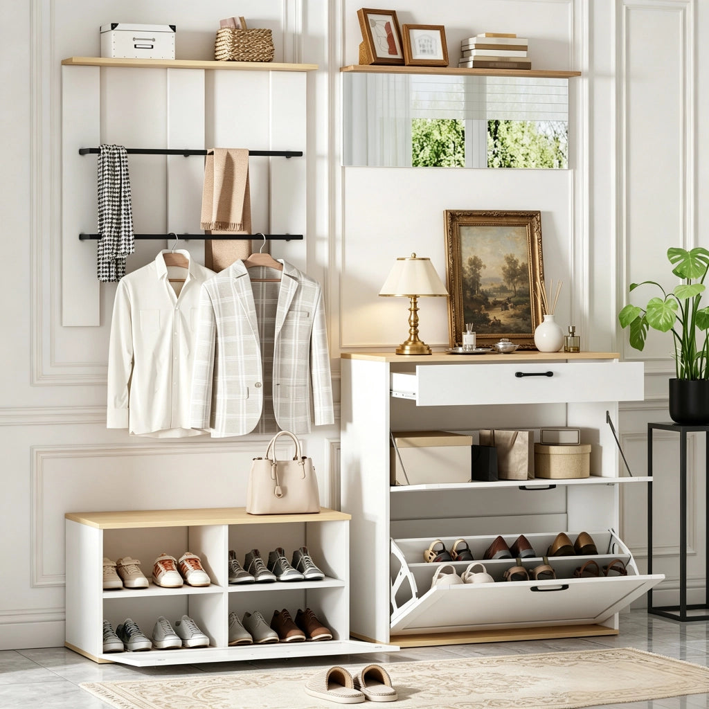 Mobili da ingresso modulari con scarpiera ribaltabile; specchio e doppia barra appendiabiti; per ingresso; 156 × 36 × 176 cm