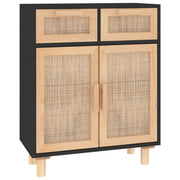 Credenza | Madia | Buffet da pranzo | Armadio da pranzo Nera 60x30x75 cm Legno Massello Pino e Rattan Naturale