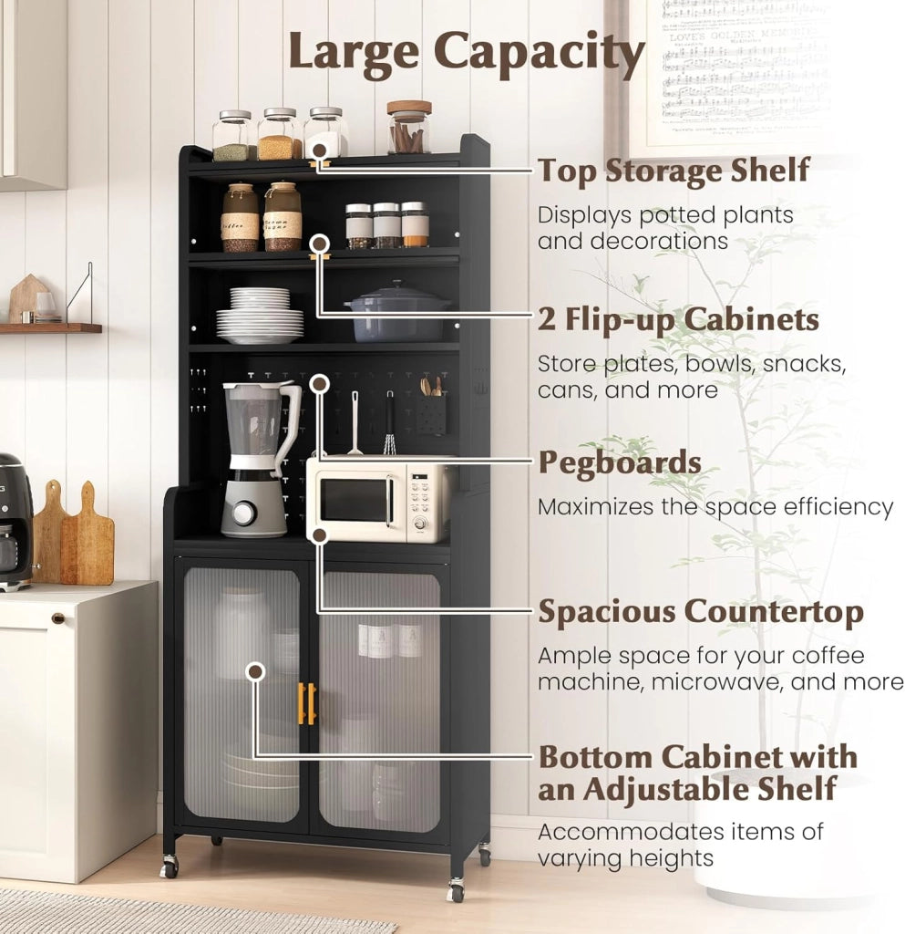 Credenza da cucina a 6 livelli, armadio a buffet con pannello di perforazione, ante apribili e ripiano regolabile, mobile in metallo con 4 ruote estraibili