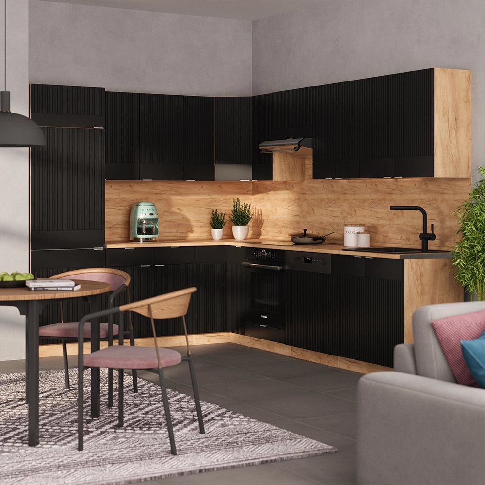 Cucina angolare completa Fame-Line Nero rigato/Rovere dorato 227 x 60 cm, PL Antracite Vicco