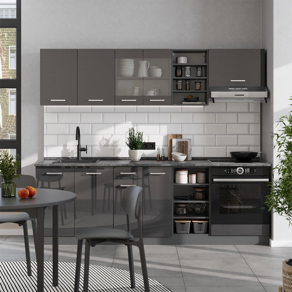 Cucina componibile R-Line Antracite lucido/Antracite 240 cm, PL Marmo Vicco