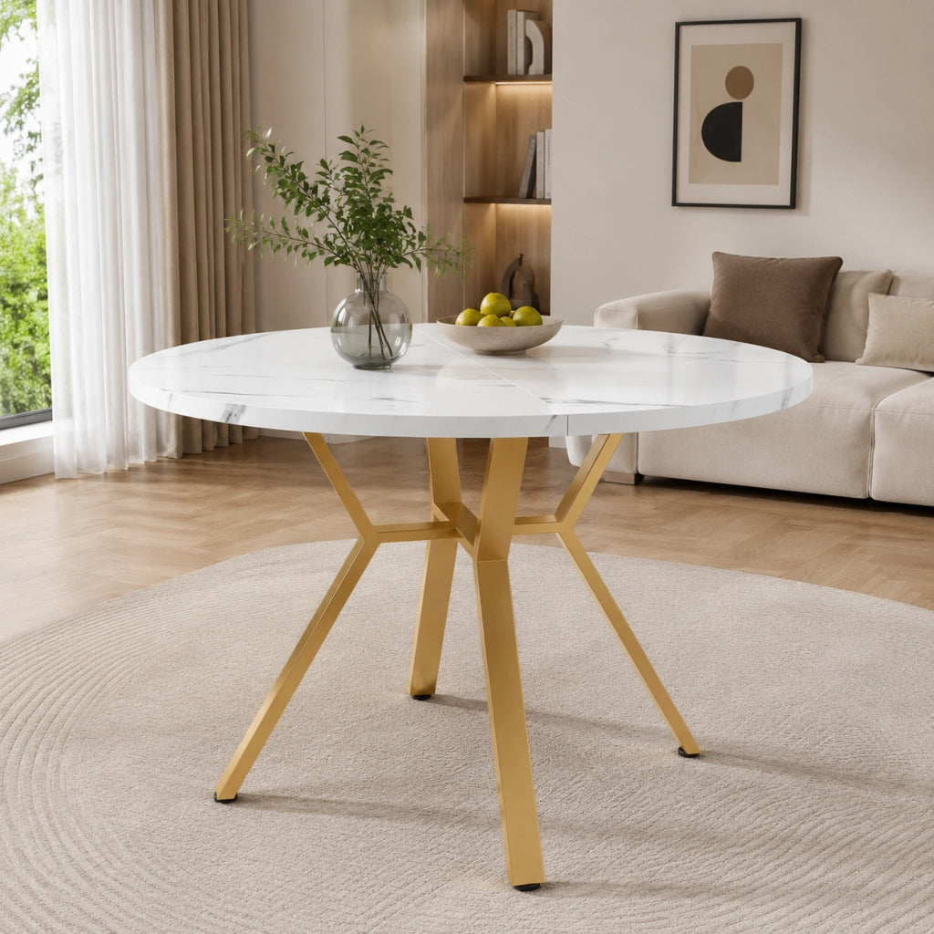 Tavolo da pranzo rotondo 100 cm; MDF effetto marmo bianco con struttura in metallo dorato