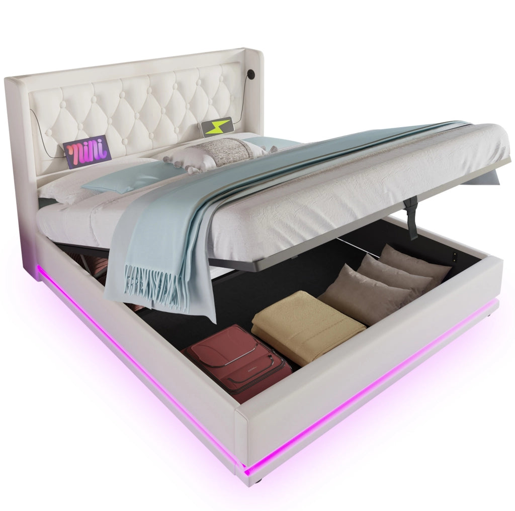 Letto contenitore imbottito 160x200 cm in PU bianco con LED e USB Type-C