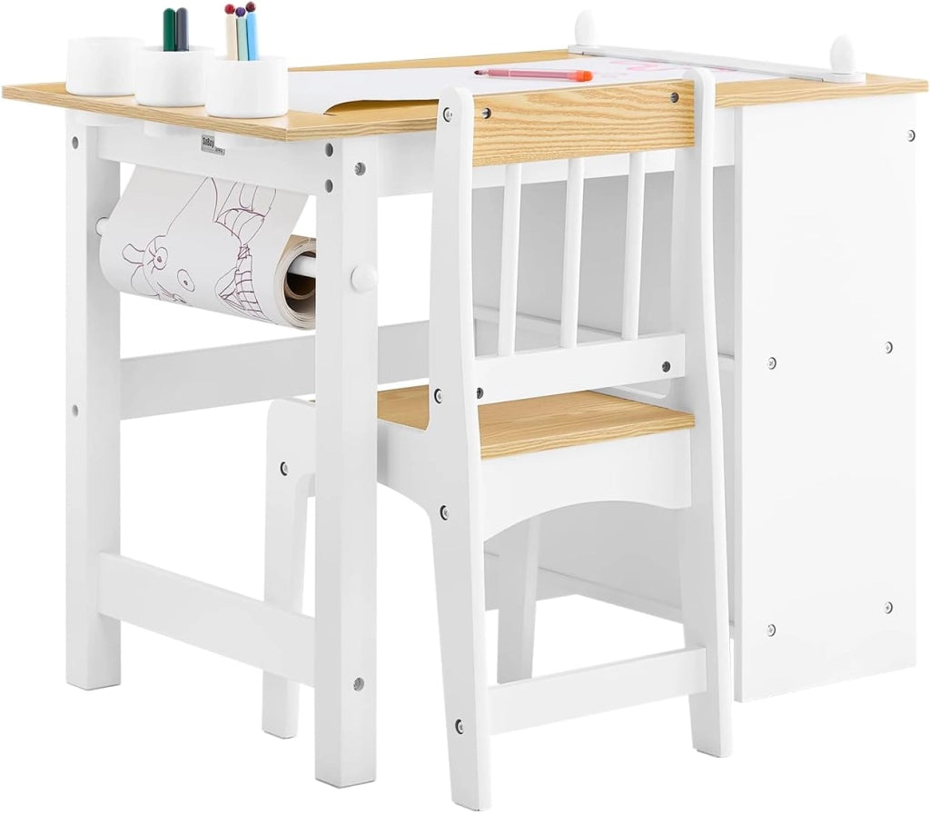 Tavolino Bambini con 1 Sedia, Set Tavolo e Sedie per Bambini Multiattività con 2 Ripiani, Tavolo Disegno e Gioco, Sedia Scrivania Cameretta Bianco 80x54x65,5cm KMB60-W