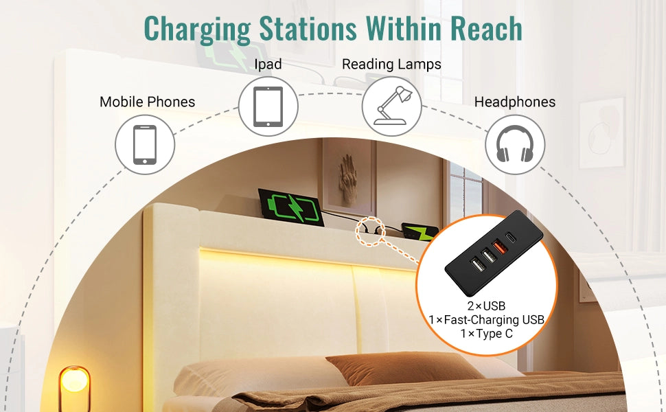 DESMIU Lit simple 90 × 200 cm con vano contenitore idraulico, LED, USB e Type-C, senza materasso, in velluto beige