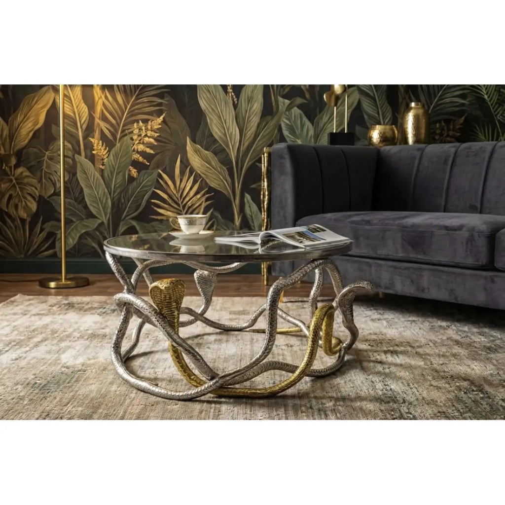 Tavolino basso VIPEREA rotondo 67 cm in alluminio argentato e dorato con vetro temperato