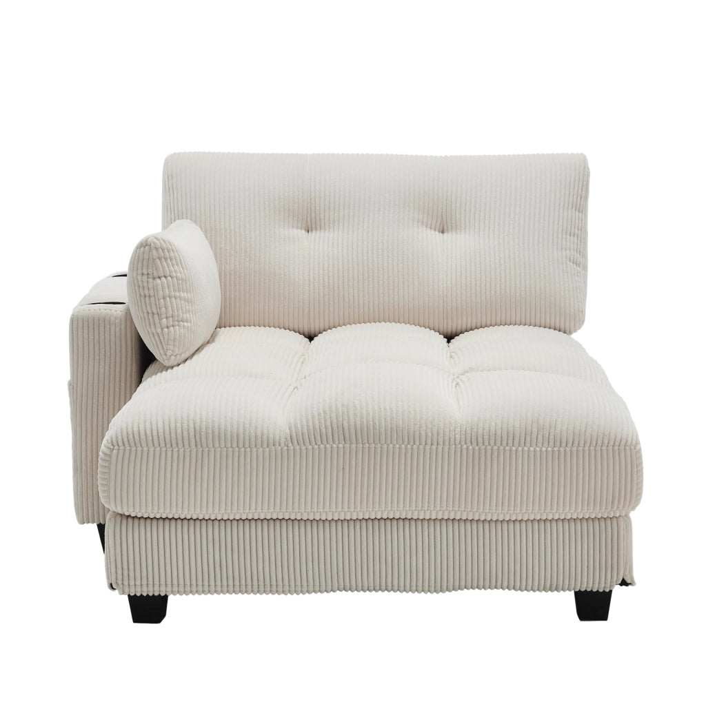 Poltrona relax 140x112x81 cm con portabevande; tasche laterali e ricarica laterale in velluto a coste beige