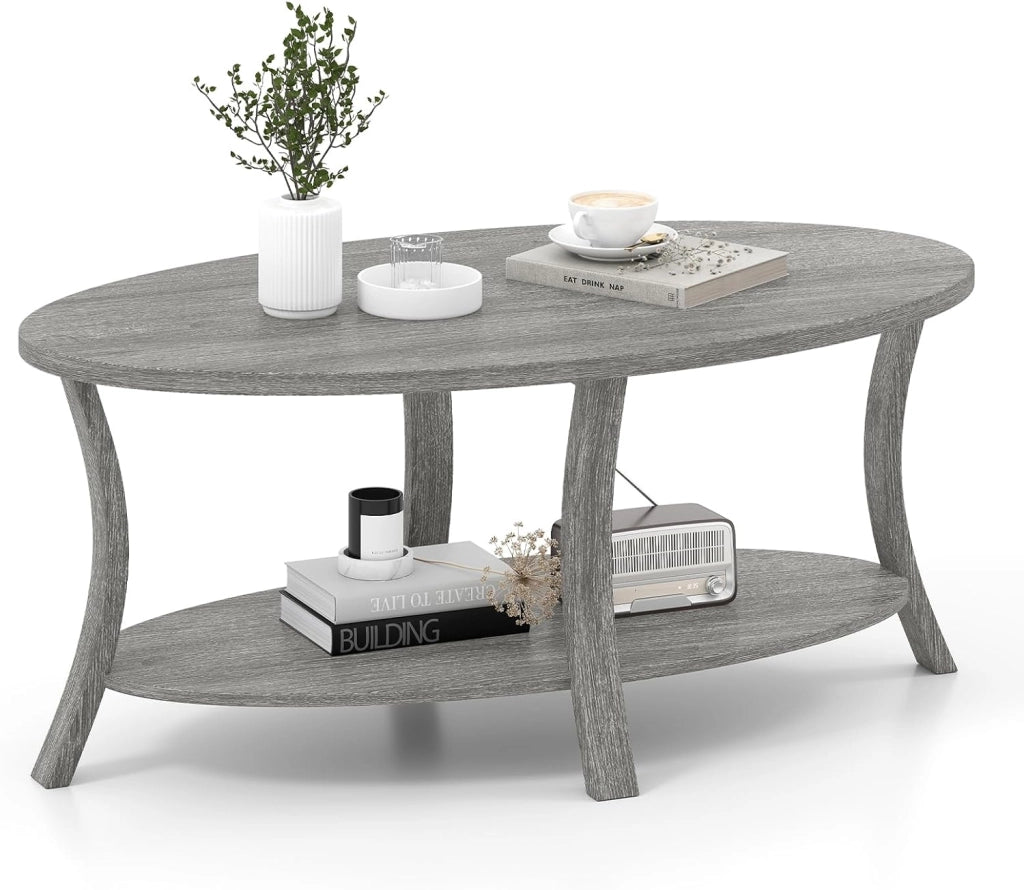 Tavolino da Caffè Ovale a 2 Livelli, Tavolino Basso da Salotto in Legno con Ampio Piano e Ripiano Aperto, Design Rustico per Soggiorno, Ufficio e Studio, 111 x 60,5 x 47 cm (Grigio)