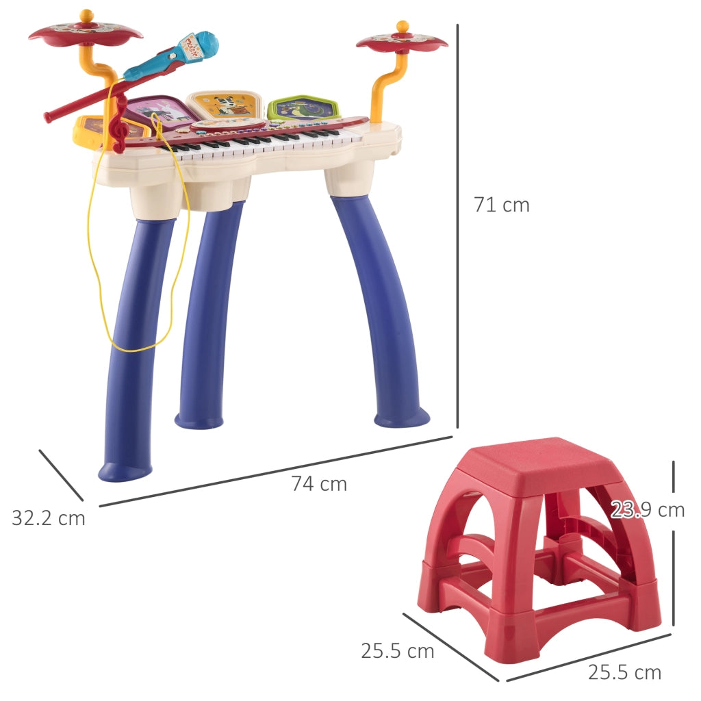 Pianola per Bambini 3-6 Anni con Sgabello, Microfono, Tamburo e Bacchette, in PP e ABS, 74x32.2x71 cm