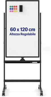 Lavagna Bianca Mobile 60 x 100 cm, Lavagna Magnetica Cancellabile a Secco 360° Reversibile con Cavalletto e Ruote, Completa di Pennarelli e Cancellino (Nero)