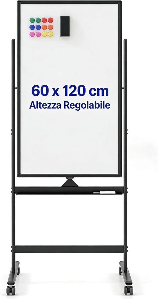 Lavagna Bianca Mobile 60 x 100 cm, Lavagna Magnetica Cancellabile a Secco 360° Reversibile con Cavalletto e Ruote, Completa di Pennarelli e Cancellino (Nero)