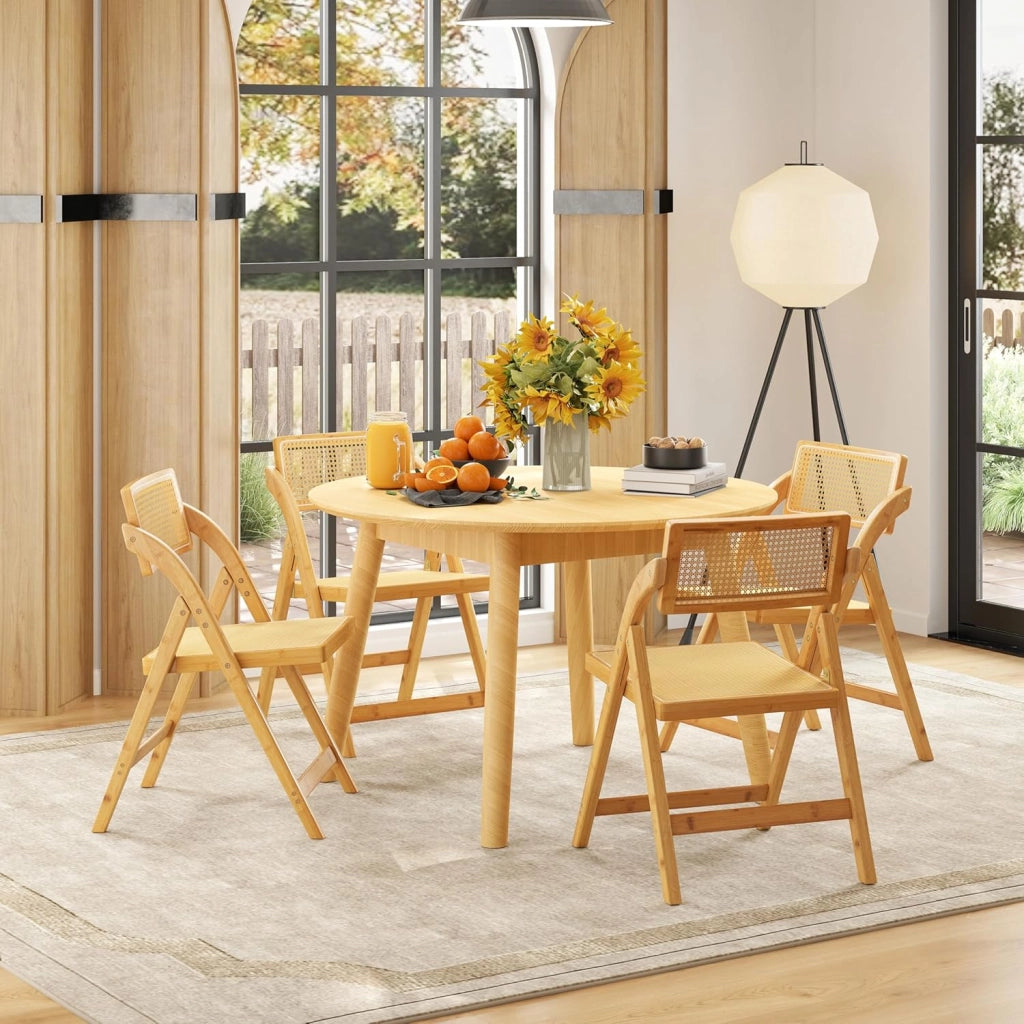 Set di 2 Sedie Pieghevoli in Rattan, Sedie da Sala Pranzo in Bambù con Schienale Rotolante, Sedie Stile Boho Senza Necessità di Montaggio, Capacità di 150 kg, per Cucina e Soggiorno, Naturale