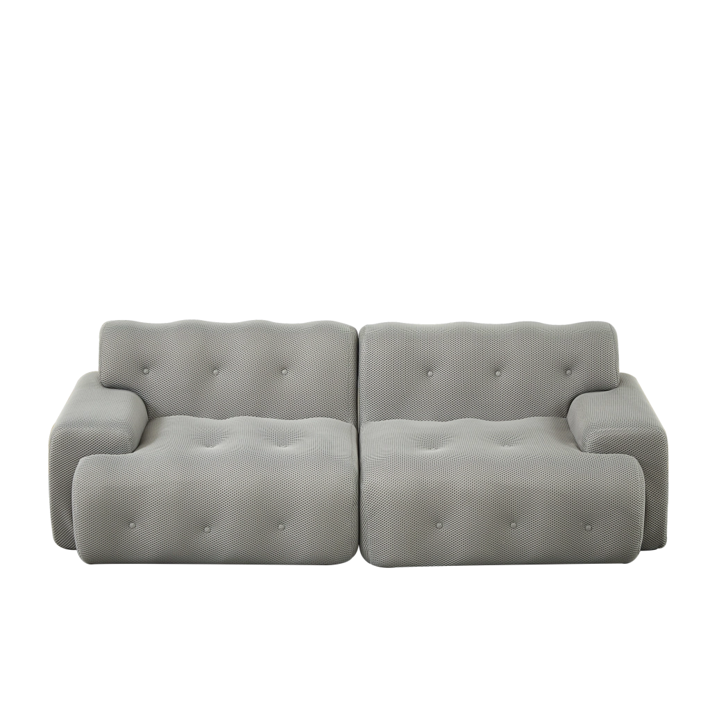 Divano Cloud due posti in tessuto 3D traspirante grigio con braccioli larghi e design moderno