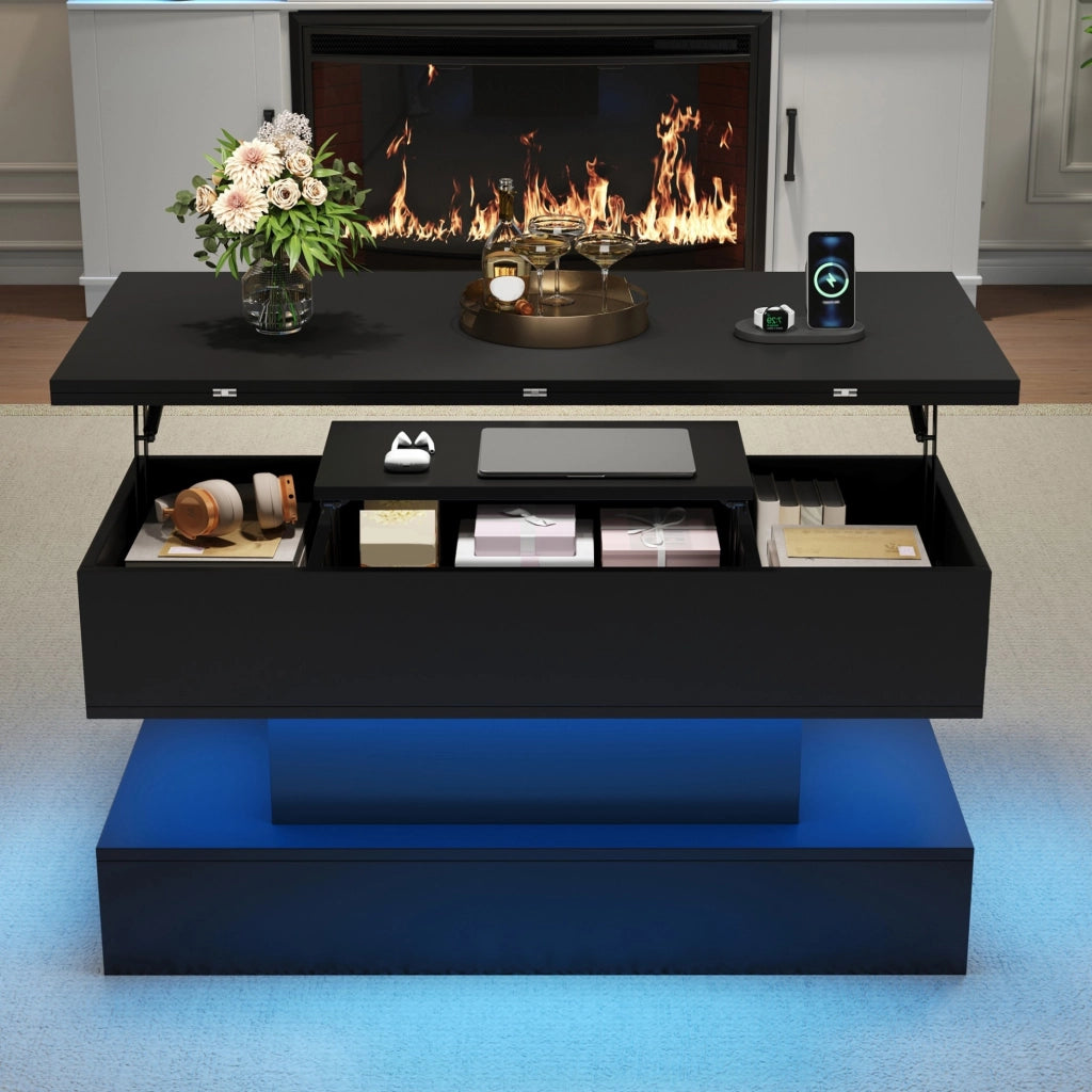 Tavolino sollevabile 3 in 1 con LED, presa integrata e vano contenitore