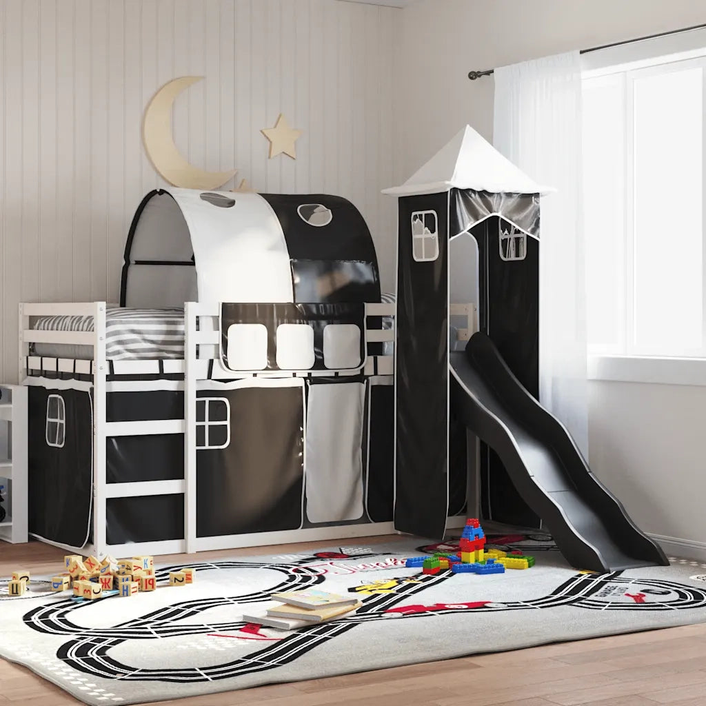 vidaXL Letto a Castello con Scivolo e Tende Bianco e Nero 90x200 cm