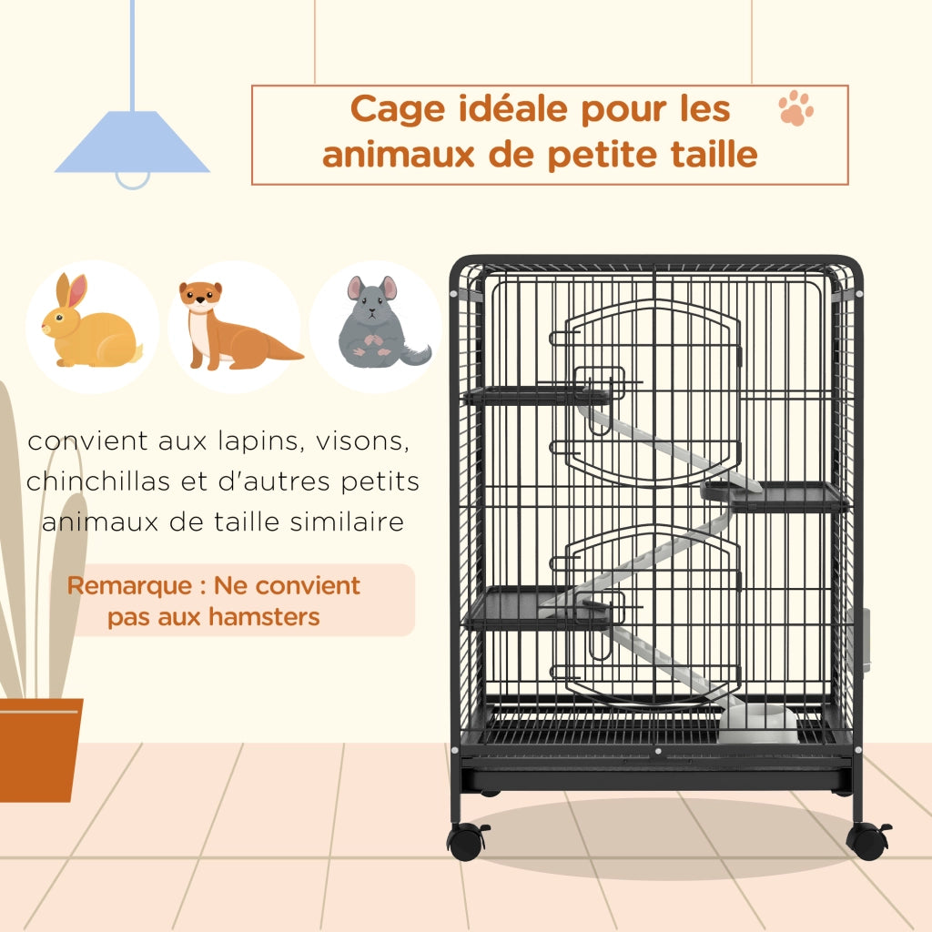 Gabbia per Animali Domestici con Ruote 3 Rampie 3 Piattaforme e Bottiglia d'Acqua ¨C Minimal ¨C Nero 61.5x44x95cm