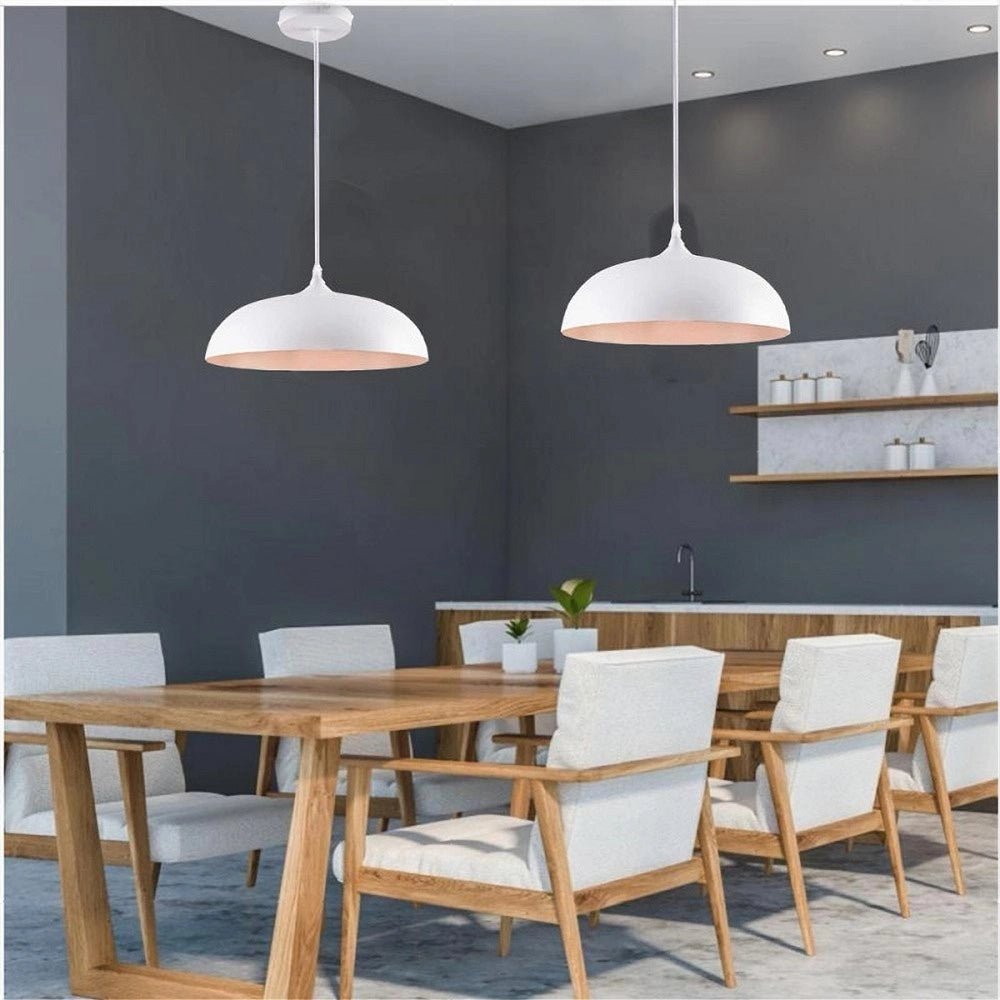 Trade Shop - Lampadario A Sospensione Soffitto E27 Ferro Paralume Moderno Elegante Cupola B90 - Bianco