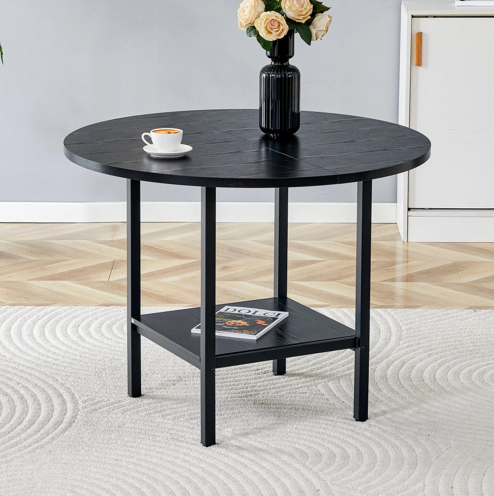 Tavolo da pranzo rotondo con doppio ripiano contenitore; 100 cm; MDF e metallo; nero