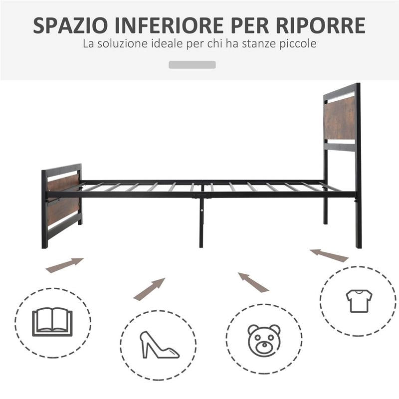 STRUTTURA LETTO SINGOLO IN LEGNO E ACCIAIO CON DOGHE IN STILE INDUSTRIALE