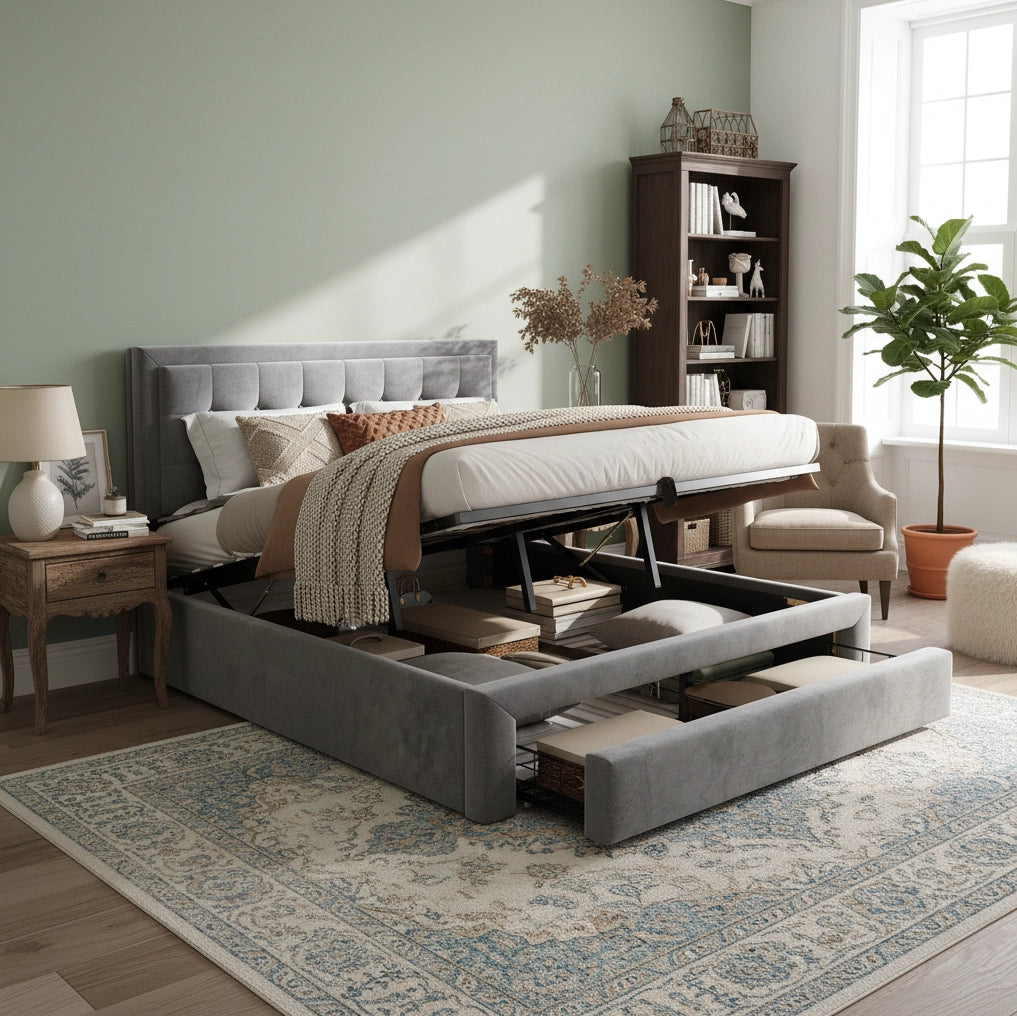 Letto imbottito 140x190 cm in velluto grigio con contenitore