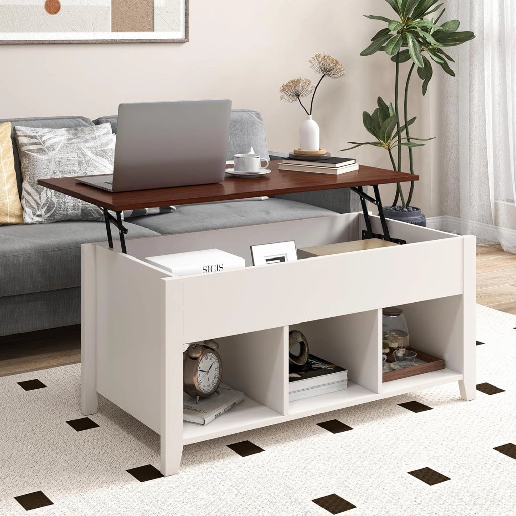Tavolino da Caffè di Legno con Superficie Sollevabile, Tavolino Rettangolare da Divano con 3 Mensole Aperte, Mobile Multifunzionale per Salone e Ufficio, 104,5 x 49 x 62,5 cm (Bianco)