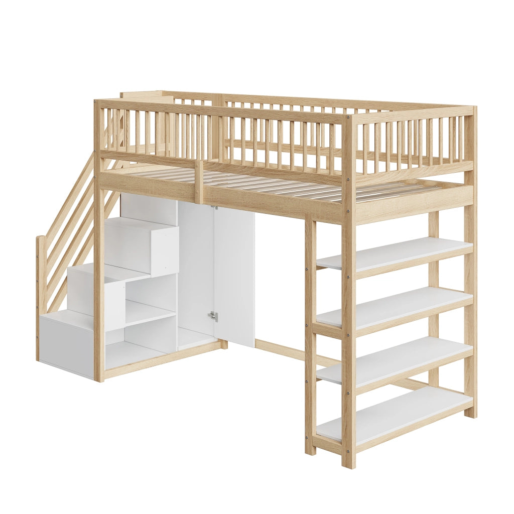 LETTO A SOPPALCO 90x200 cm Legno naturale con scala e spazio contenitivo