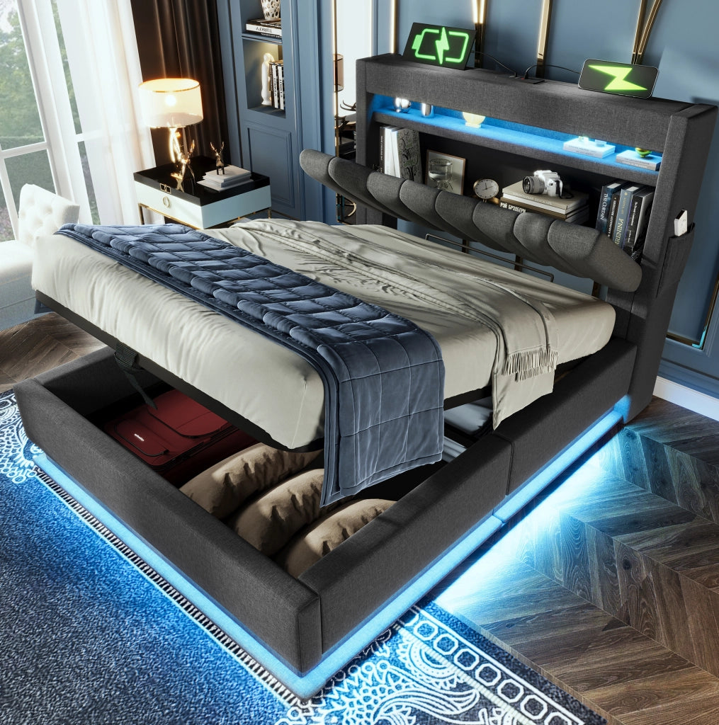 Letto singolo imbottito 90x200 cm con contenitore; LED; USB e Type-C; grigio