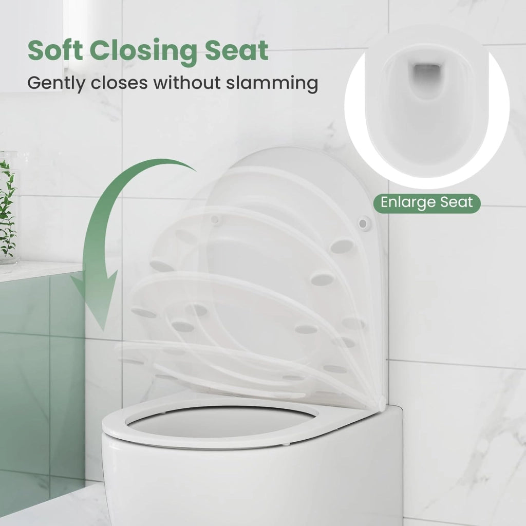WC sospeso senza bordo, WC da parete in ceramica con coperchio rimovibile, chiusura morbida, sistema a doppio sciacquone, design salvaspazio, 52,5 x 35,8 x 36 cm