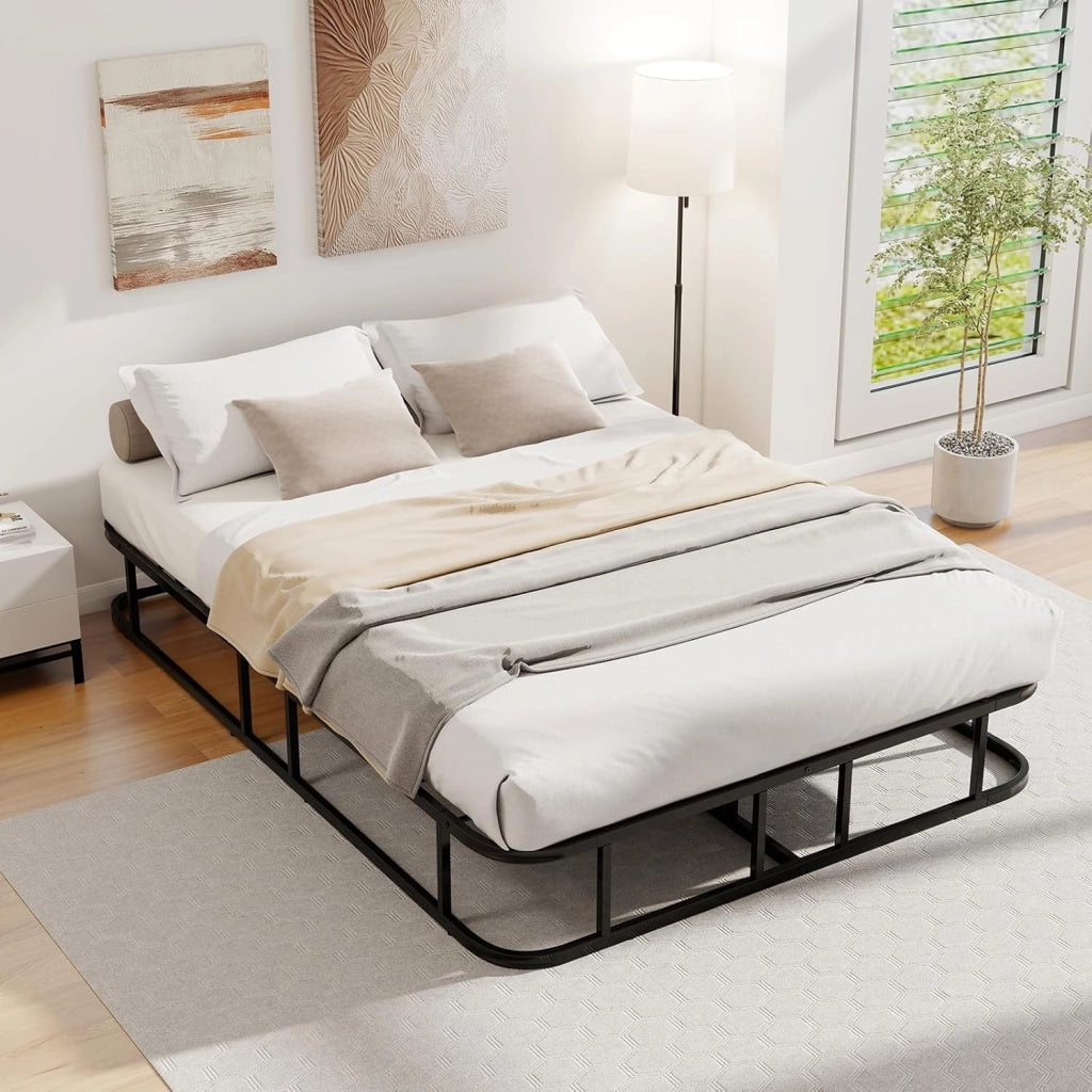 Telaio Letto Matrimoniale in Metallo 140x200 Cm, Struttura Letto Piattaforma con 16 Barre di Supporto, Doghe, Piedi Antiscivolo e Capacità di Carico 300 Kg, Nero