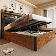 Letto 180x200 cm con contenitore; USB e testiera imbottita in metallo; MDF e tessuto nero