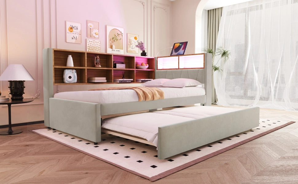 DESMIU Divano letto 90 × 200 cm con letto estraibile 90 × 190 cm, LED, USB, Type C e presa, senza materasso, grigio chiaro