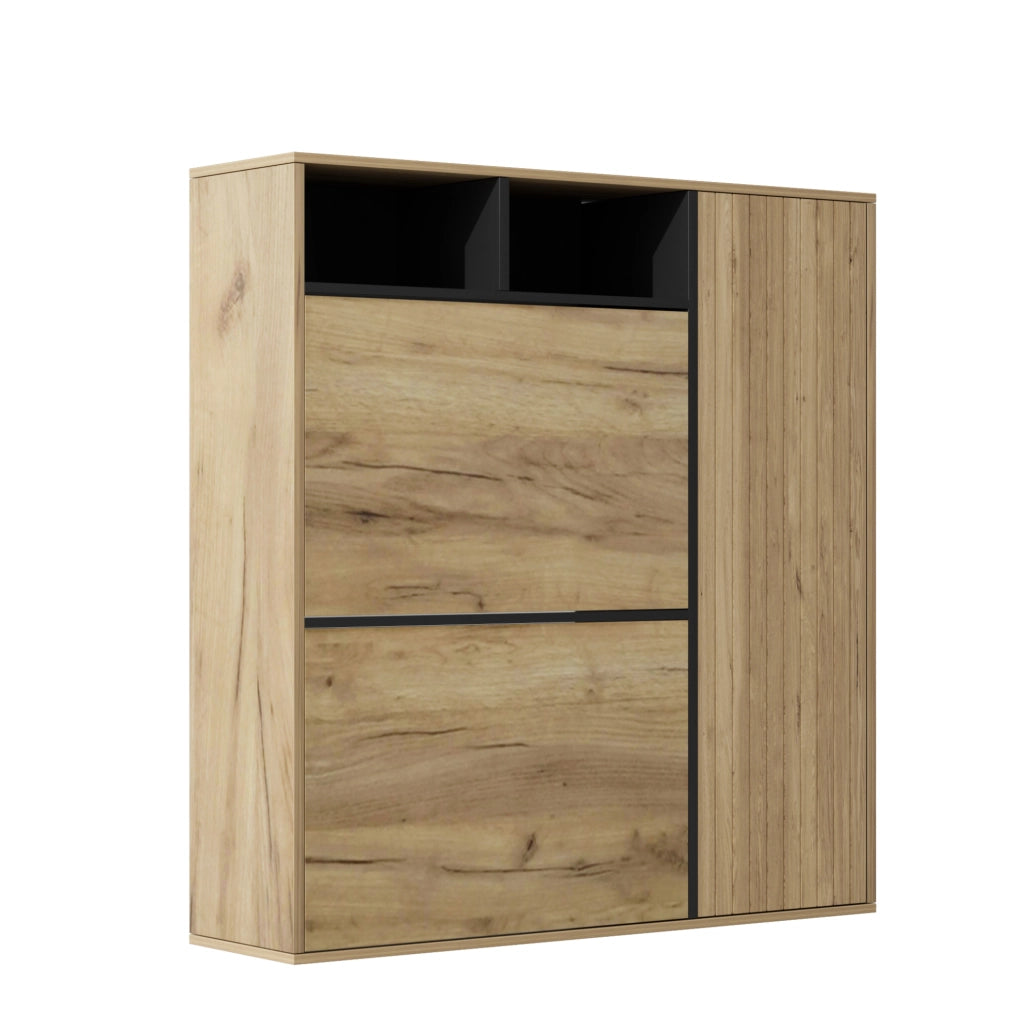 Armadio scarpiere sottile con 2 ribalte e 1 anta, ripiani regolabili, design legno e nero, 90x24x94 cm
