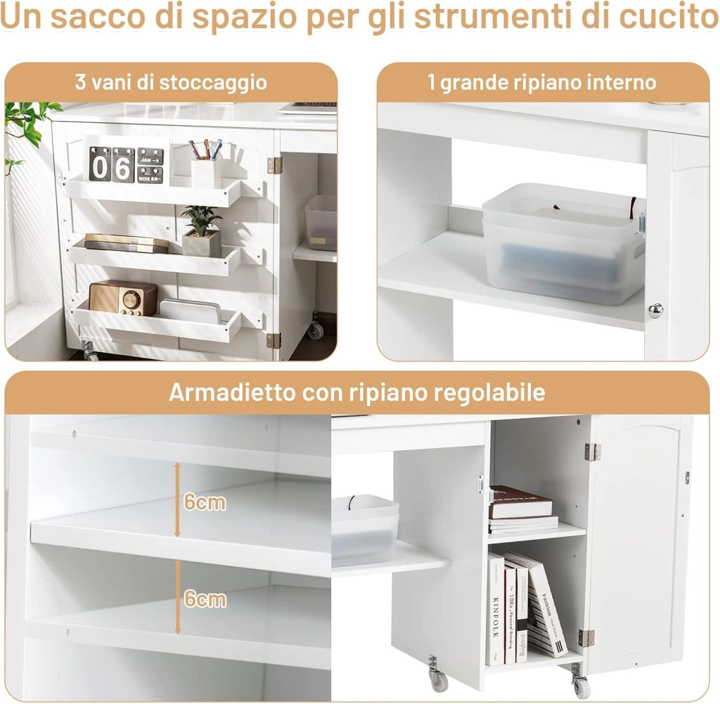 Tavolo Pieghevole da Cucito, Tavolo Versatile a Ribalta con Superficie Ampia, Scrivania per Computer con Ruote Bloccabili, Ideale per Salone Camera da Letto Studio (Bianco)