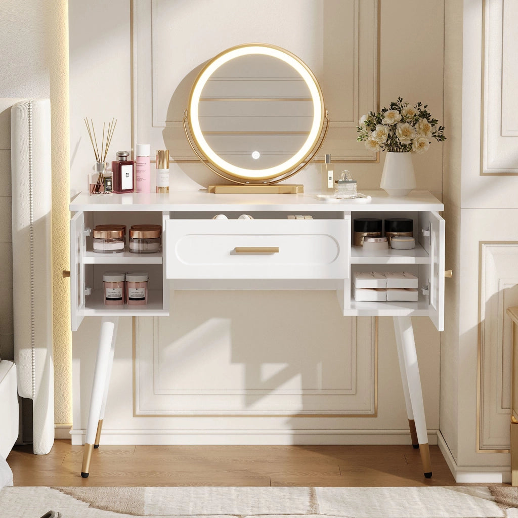 Toeletta con specchio LED; 1 cassetto e 2 ante; per camera da letto; 100×42×112 cm; bianco oro