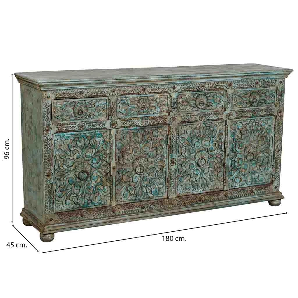 Credenza in legno blu intagliata a mano 180x45x96h cm