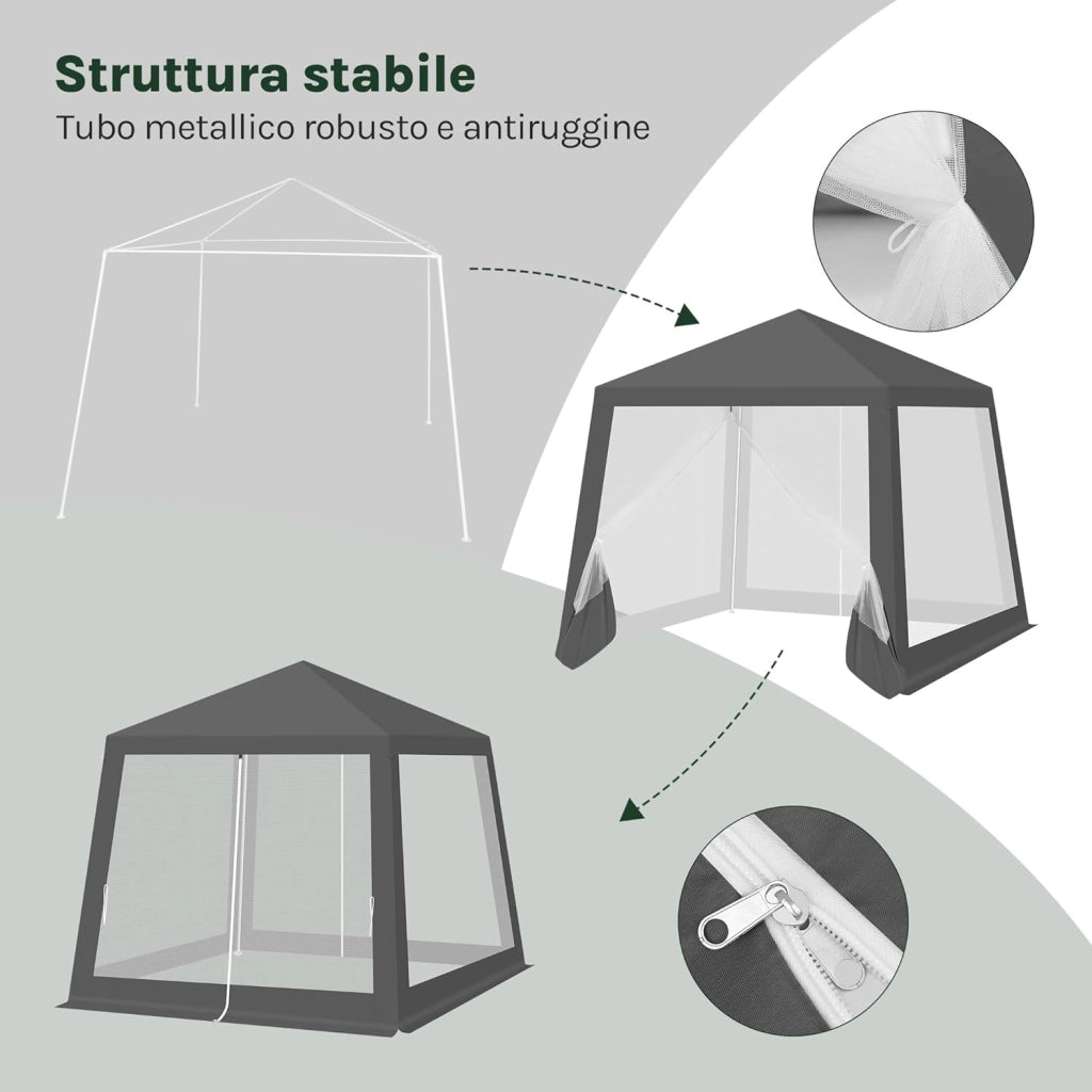 Gazebo 3x3 Pieghevole Impermeabile, Pergolato da Giardino, Gazebo da Esterni, con Pareti Laterali a Zanzariera, per Campeggio, Feste, Grigio